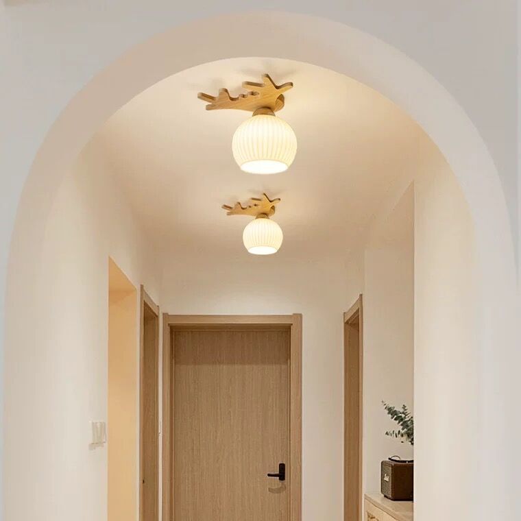 Nordic Simple Solid Wood Antler Glass Dome 1-Light Semi-Flush Mount Ceiling Light