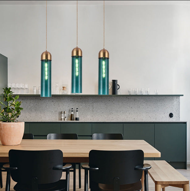 مصباح معلق بسيط حديث من الزجاج على شكل أسطوانة، مزود بمصباح واحد، لغرفة الطعام