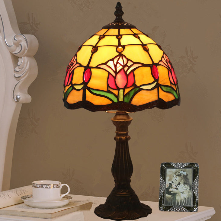 Traditional European Zinc Alloy Glass Dome Tulip 1-Light Table Lamp For Bedroom