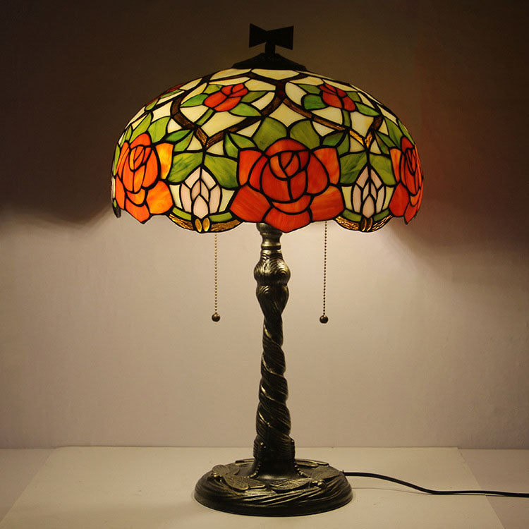 Traditional Tiffany Rose Dragonfly Stained Glass Dome 2-Light Table Lamp For Study