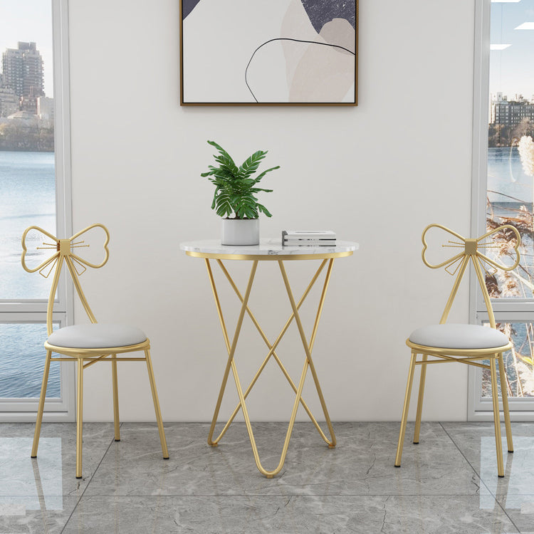 Contemporary Creative Bow Round Upholstered Velvet PU Leather Metal Vanity Stool Backrest For Bedroom