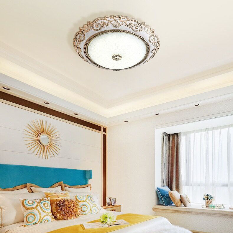 European Retro Round Carved Lace Resin Glass LED Flush Mount Ceiling Light