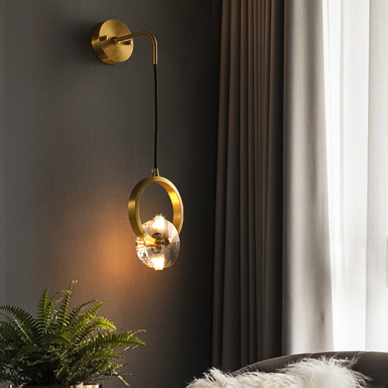 Modern Golden Glamour Copper Circle Ring Crystal 1-Light Wall Sconce Lamp