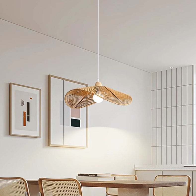 Traditional Vintage Wood Paper Rope Weaving Straw Hat Shape 1-Light Pendant Light For Living Room