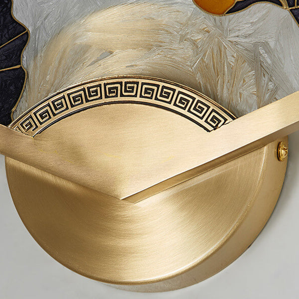 Modern Chinese Glass Folding Fan Shaped Brass LED Wall Sconce Lamp