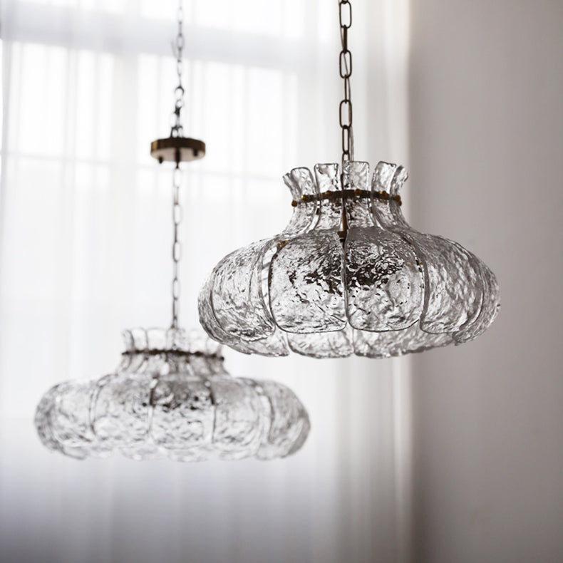 Traditional Vintage Round Floral Iron Glass 4-Light Pendant Light For Living Room