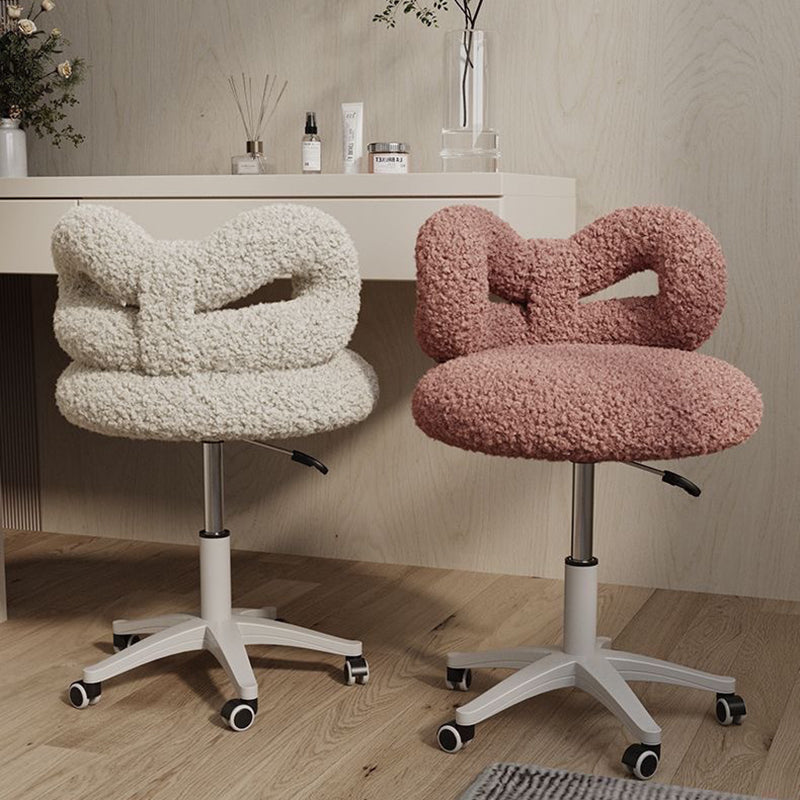 Modern Art Deco Butterfly Knot Round Lambswool Faux Leather Metal Vanity Stool Backrest Armless For Bedroom