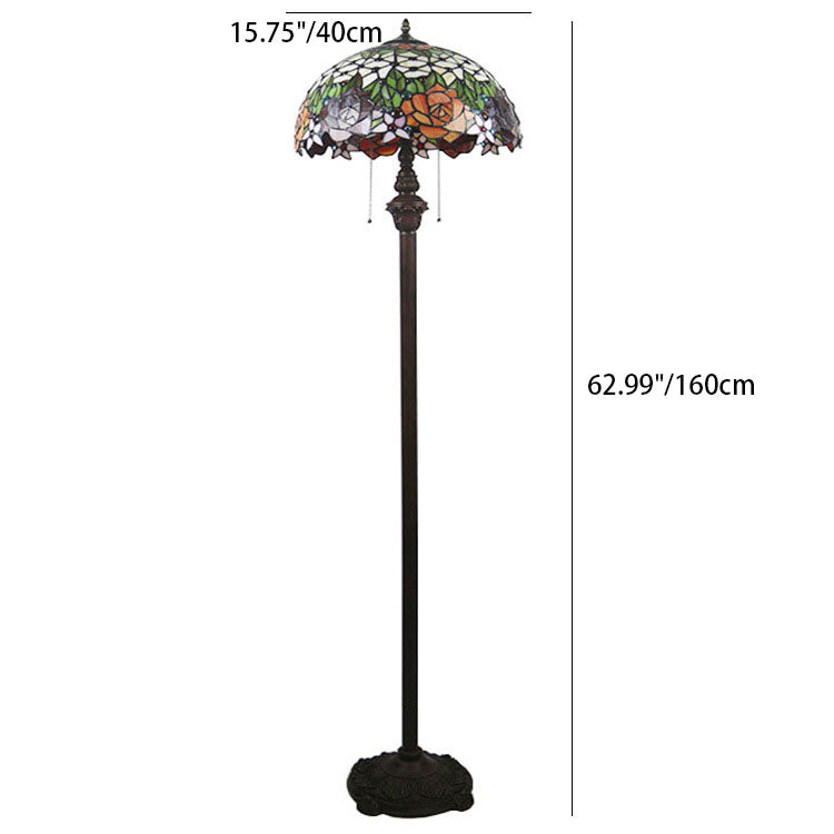 Traditional Tiffany Stained Glass Rose Flower Dome 2-Light Standing Floor Lamp For Bedroom