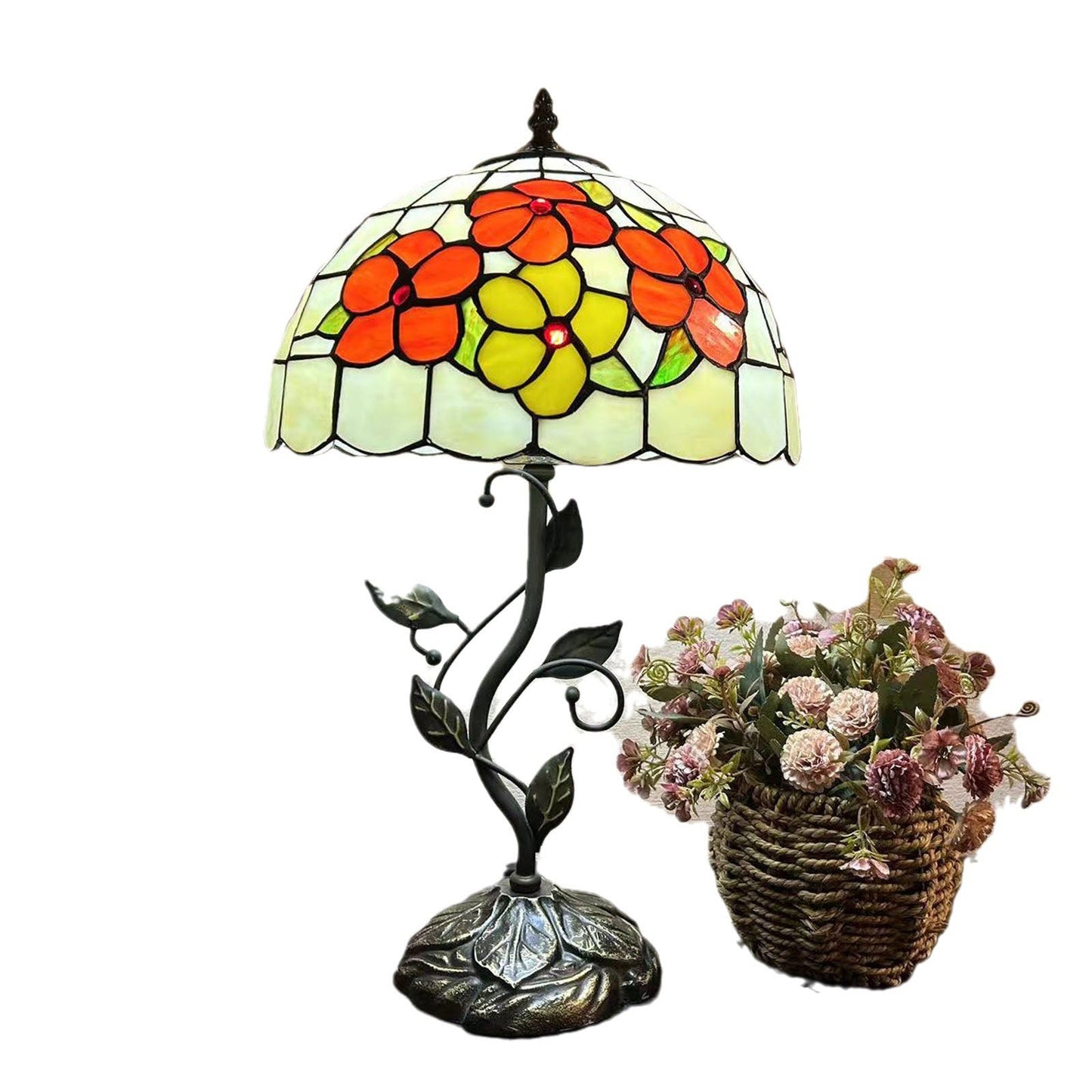Traditional Tiffany Resin Glass Dome Conic Flower Leaf 1-Light Table Lamp For Bedside