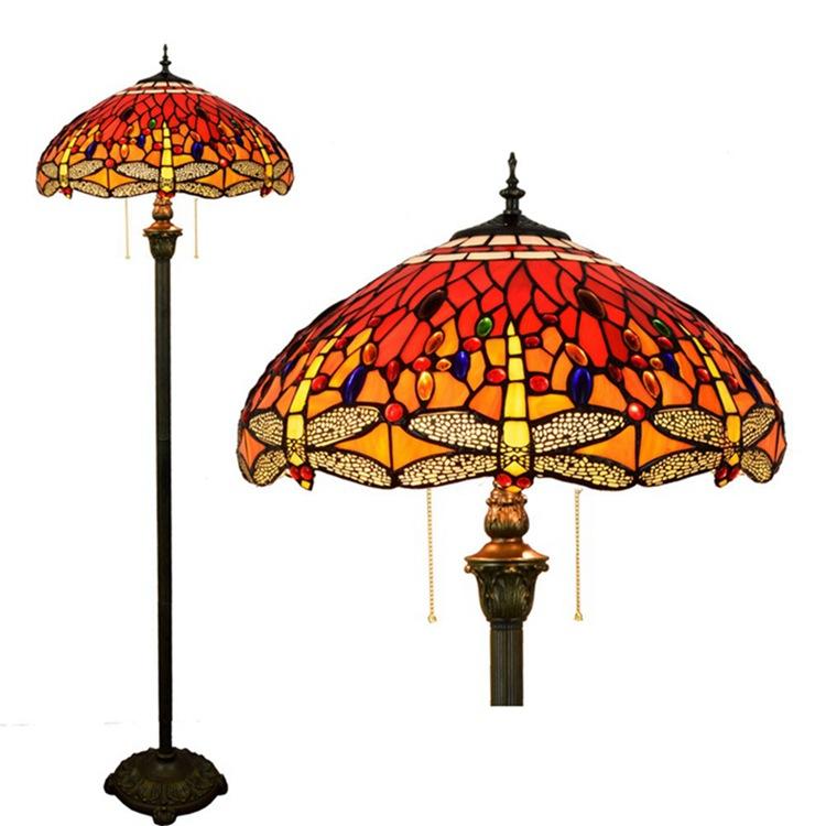 Vintage Tiffany Stained Glass Red Dragonfly 2-Light Standing Floor Lamp