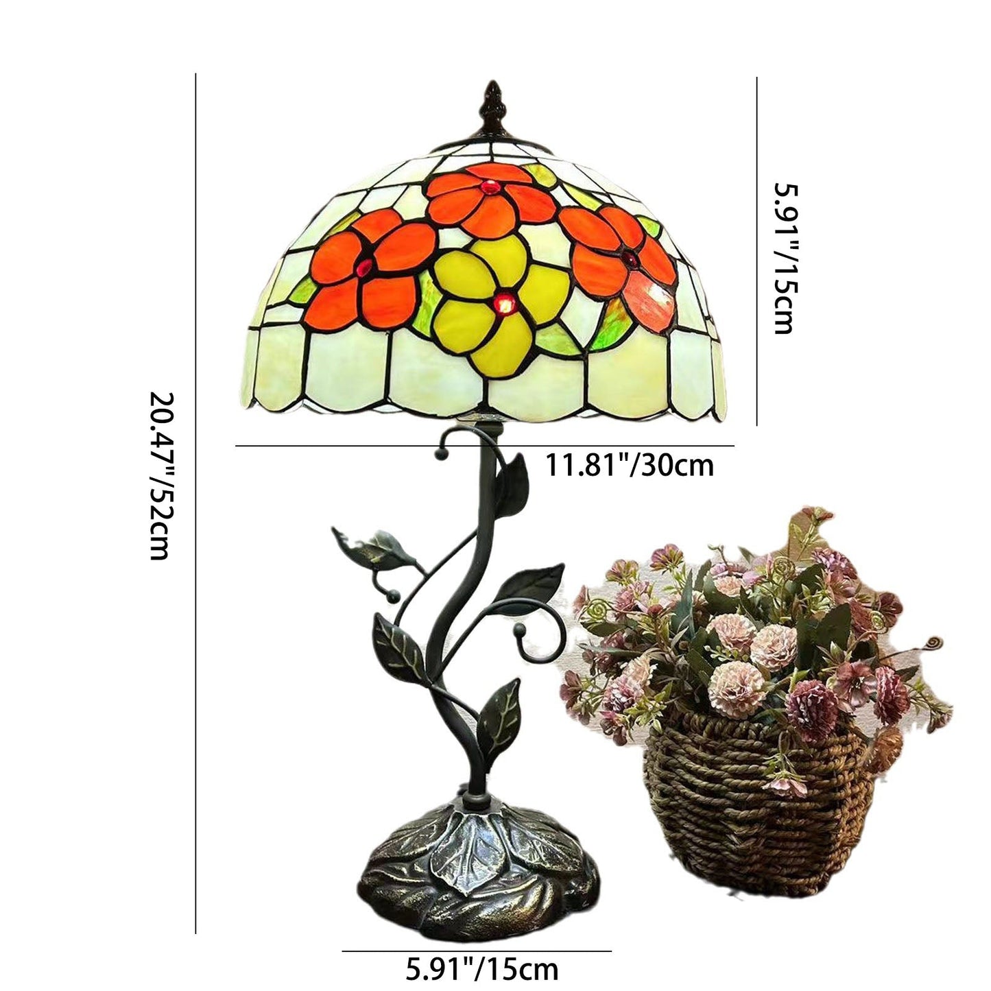 Traditional Tiffany Resin Glass Dome Conic Flower Leaf 1-Light Table Lamp For Bedside