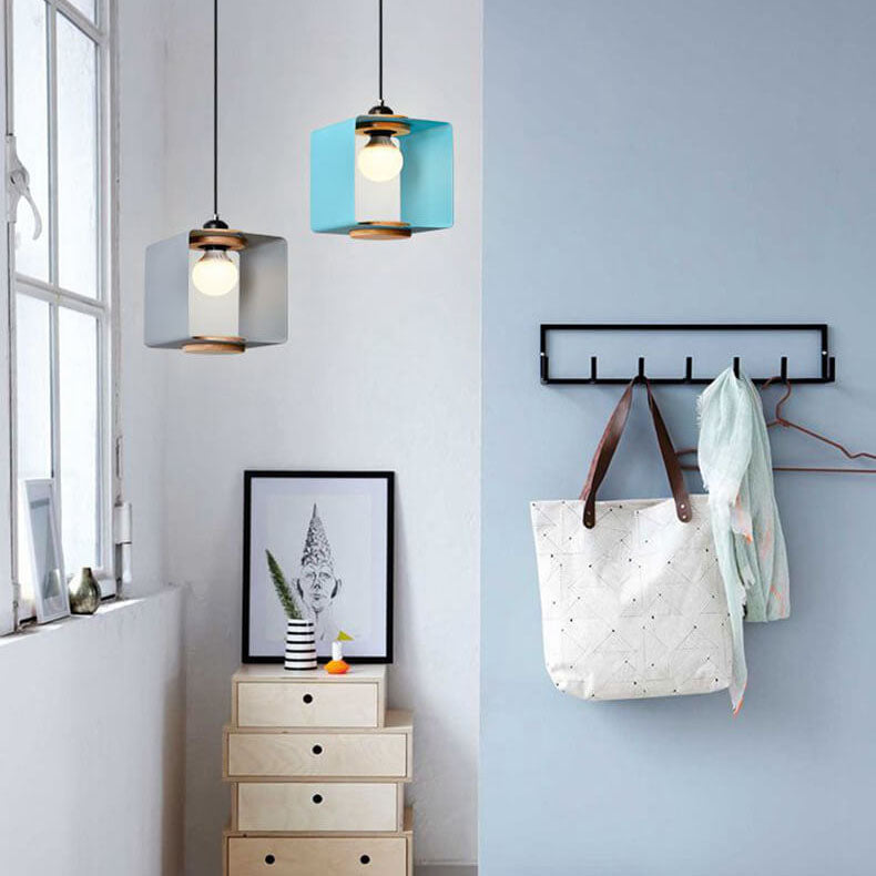 Nordic Creative Iron Solid Wood Square Geometry 1-Light Pendant Light