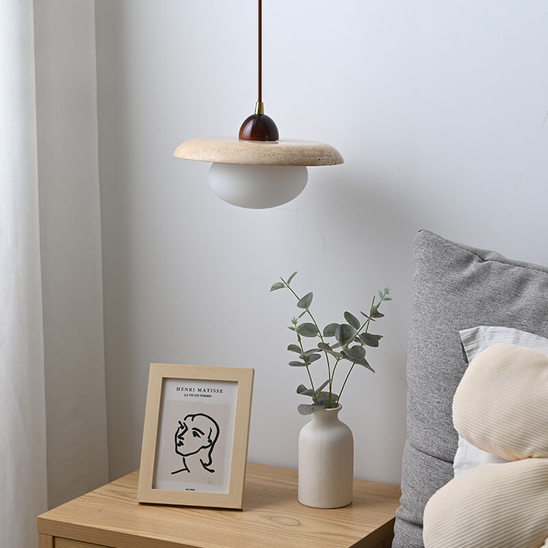 Vintage Simple Glass Solid Wood Stone Round 1-Light Pendant Light