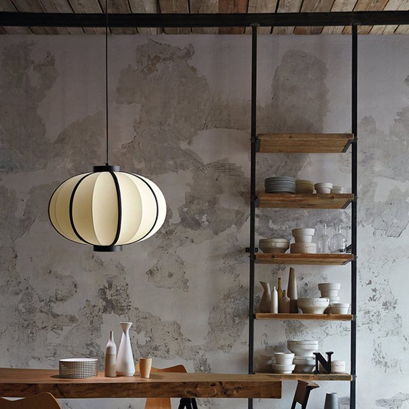 Traditional Chinese Fabric Lantern Iron Frame 1-Light Pendant Light For Living Room