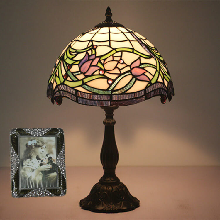 Vintage Tiffany Tulip Stained Glass Resin Dome 1-Light Table Lamp