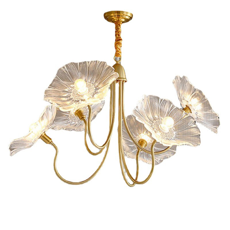 Traditional Vintage Gold Finish Frame Flower Glass Shade 6-Light Chandelier For Bedroom