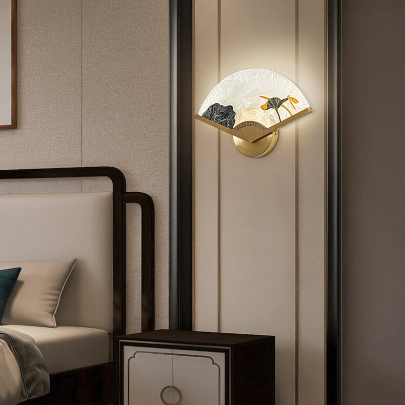 Modern Chinese Glass Folding Fan Shaped Brass LED Wall Sconce Lamp
