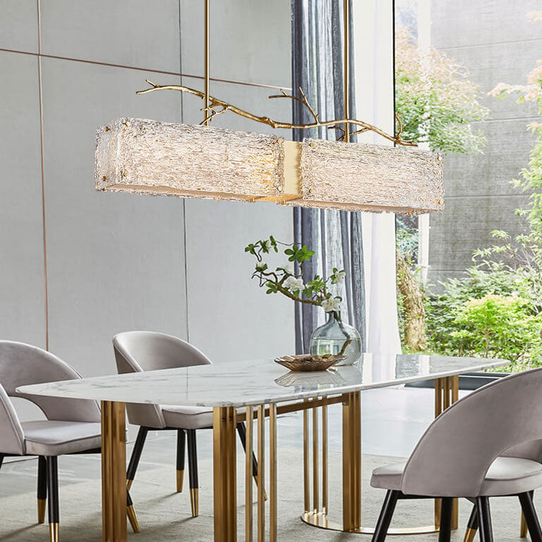 ثريا جزيرة LED زجاجية مستطيلة فاخرة من Nordic Light مصنوعة من النحاس بالكامل