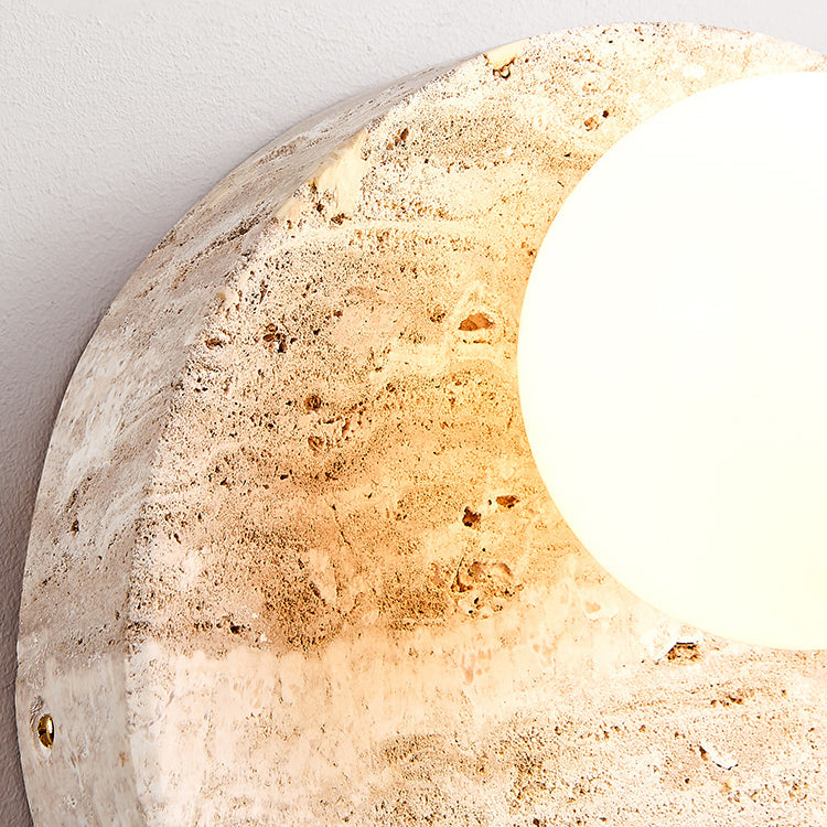 Traditional Japanese Wabi-Sabi Yellow Travertine Circle 1-Light Wall Sconce Lamp For Bedroom