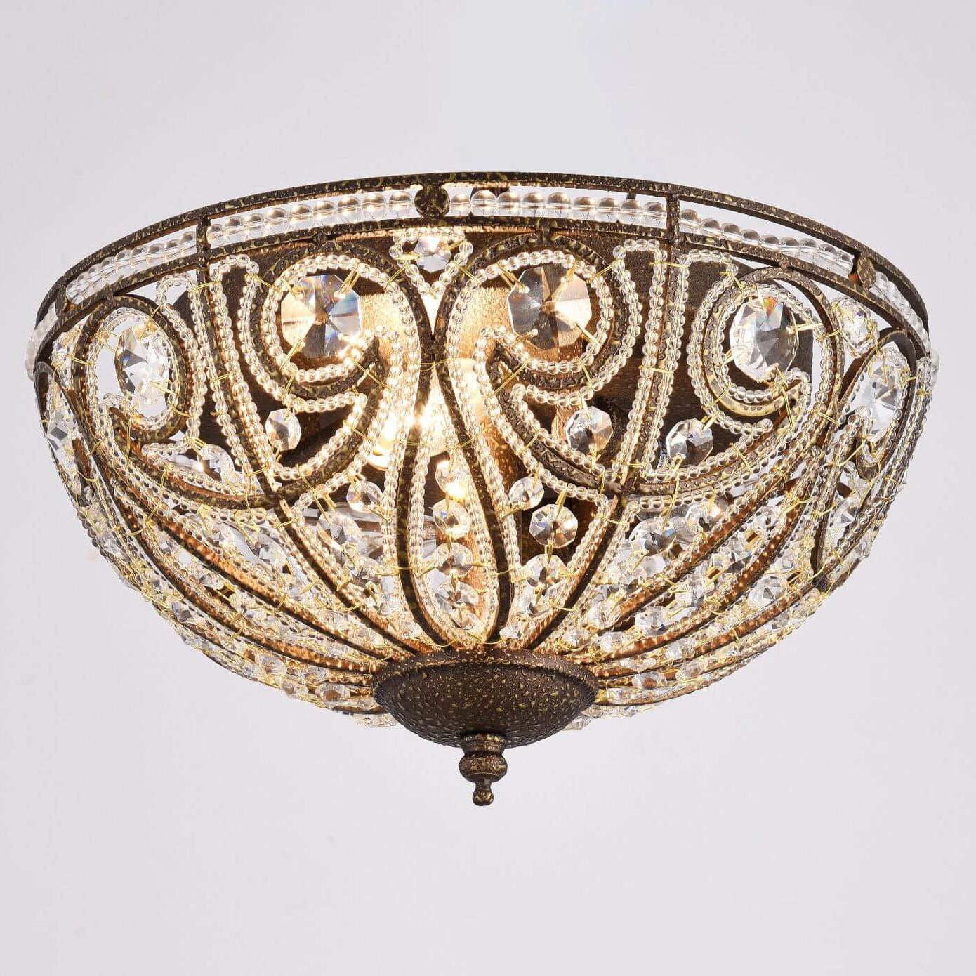 Traditional Vintage Half Circle Iron Crystal 3-Light Flush Mount Ceiling Light For Bedroom