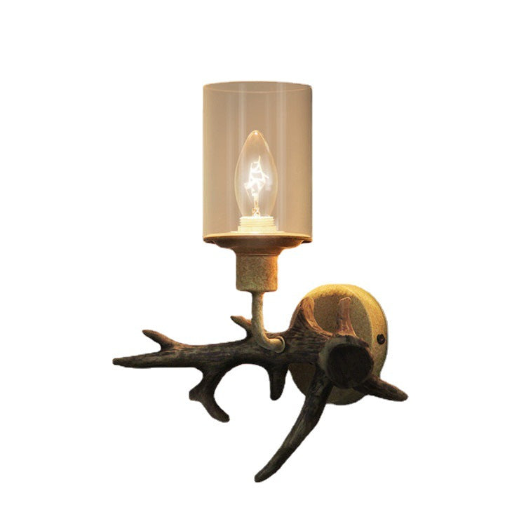 Industrial Vintage Antler Resin Glass Cylinder 1-Light Wall Sconce Lamp