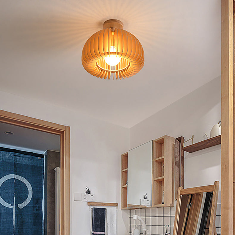 Traditional Japanese Iron Wood Round Grille 1-Light Semi-Flush Mount Ceiling Light For Hallway