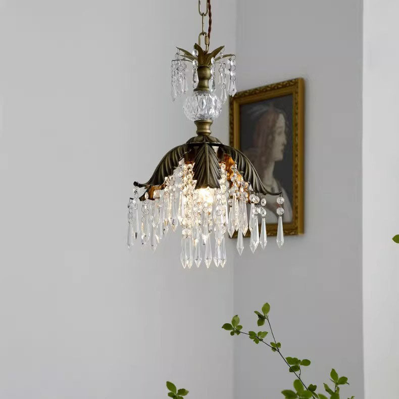 Traditional Vintage Brass Iron Crystal Pineapple Flower 1-Light Pendant Light For Hallway