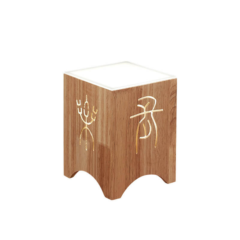 Japanese Harajuku Solid Wood Hollow Pattern Cube Acrylic 1-Light Table Lamp