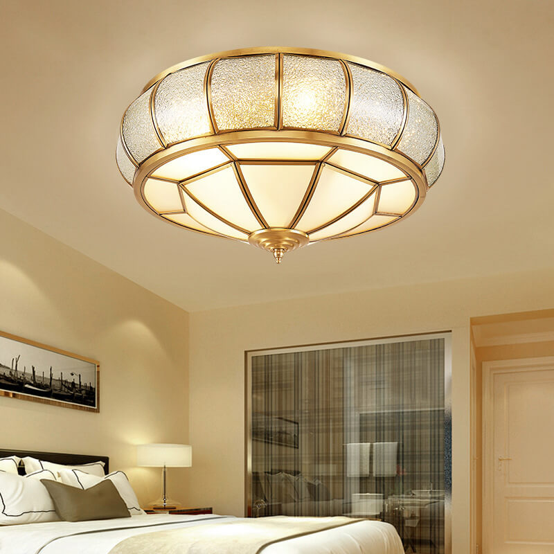 European Style Luxury Brass Glass Drum Cage 3/4/6 Light Flush Mount Ceiling Light
