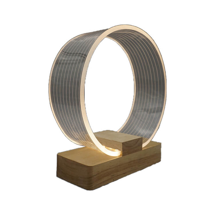 Nordic Minimalist High Translucent Acrylic Circle Ring Beech Wood Base LED Table Lamp