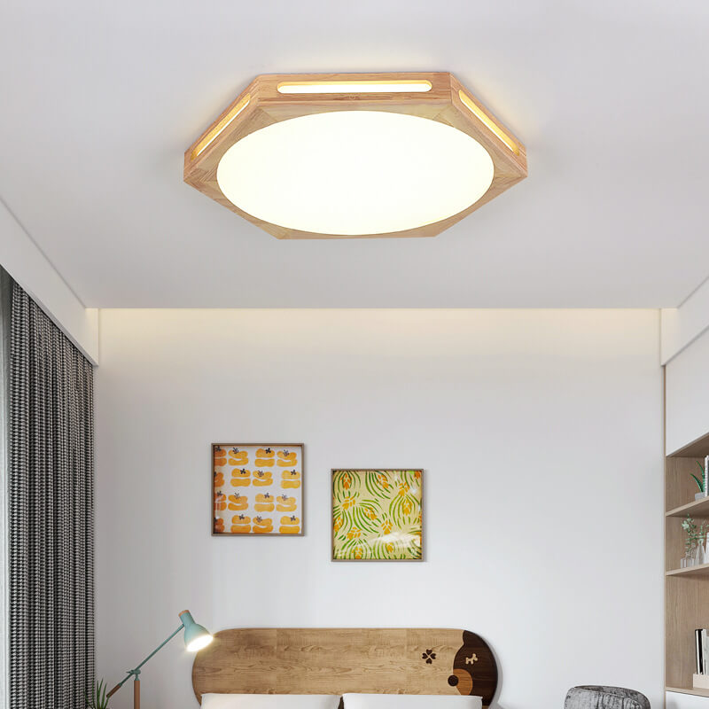 Nordic Minimalist Hexagonal Hollow Rubberwood Acrylic LED Flush Mount Ceiling Light