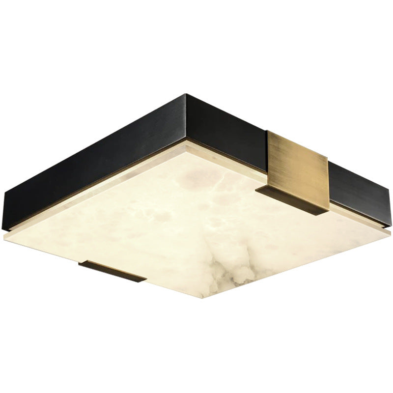 Traditional Chinese Square Marble Shade Brass Frame LED Flush Mount Ceiling Light For Living Room