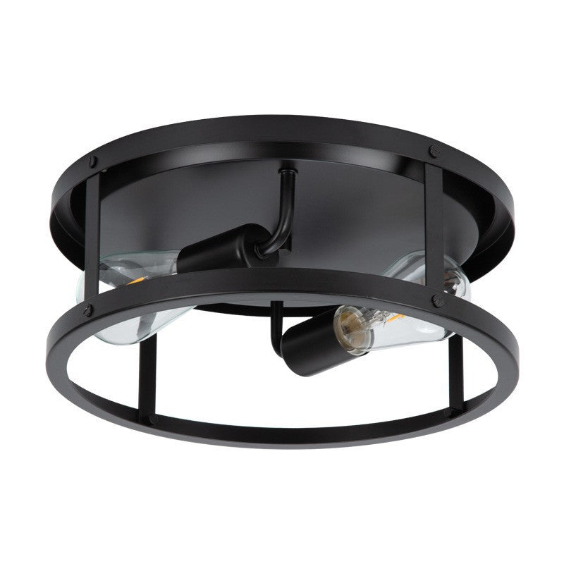 Industrial Vintage Iron Round Drum Hollow 2-Light Flush Mount Ceiling Light