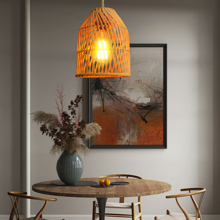 Vintage Rattan Weaving Dome Column 1-Light Pendant Light