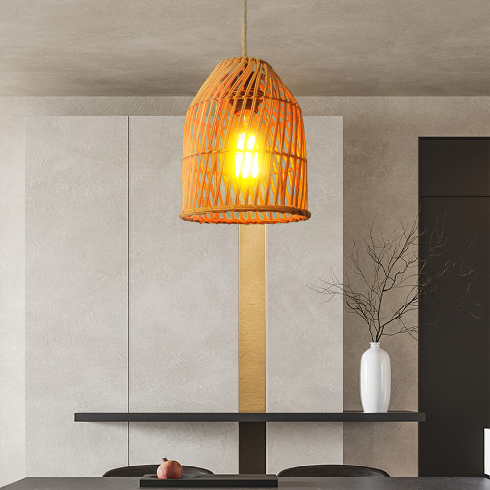 Vintage Rattan Weaving Dome Column 1-Light Pendant Light