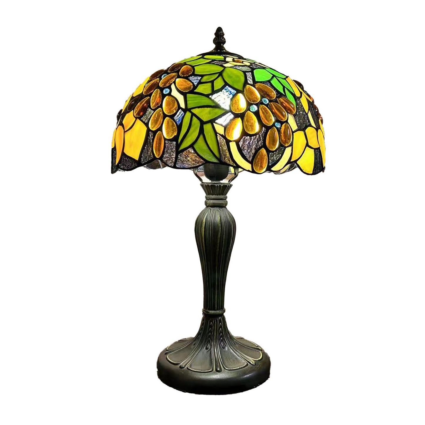 Traditional Tiffany Metal Glass Dome Grape Flower Dragonfly Butterfly 1-Light Table Lamp For Bedside