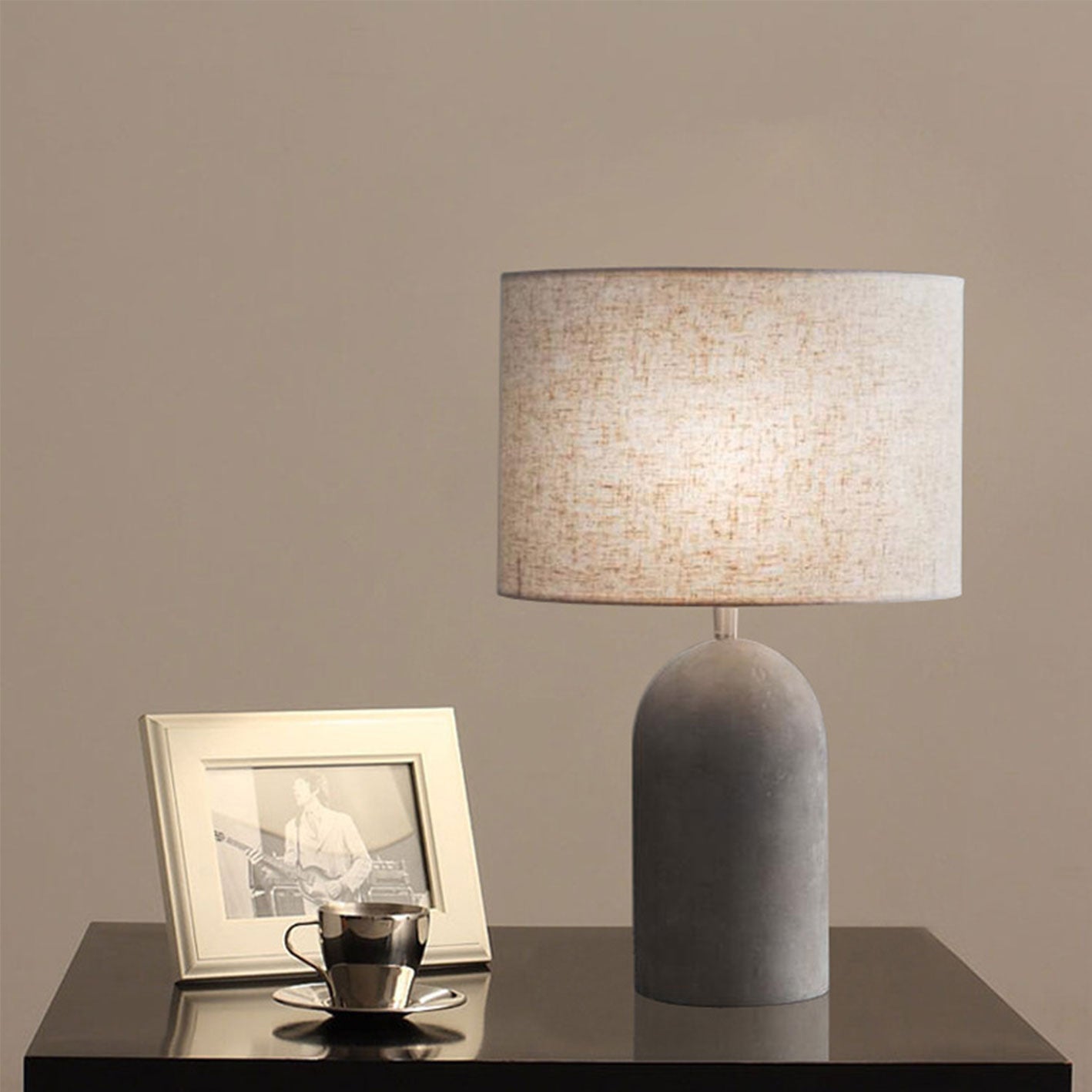 Industrial Gray Fabric Cement Column Base 1-Light LED Table Lamp
