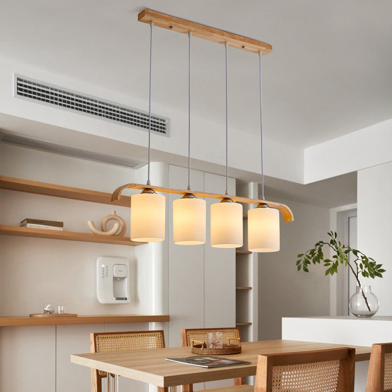 Contemporary Scandinavian Long Cylinder Glass Wood 4-Light Island Light Chandelier For Living Room