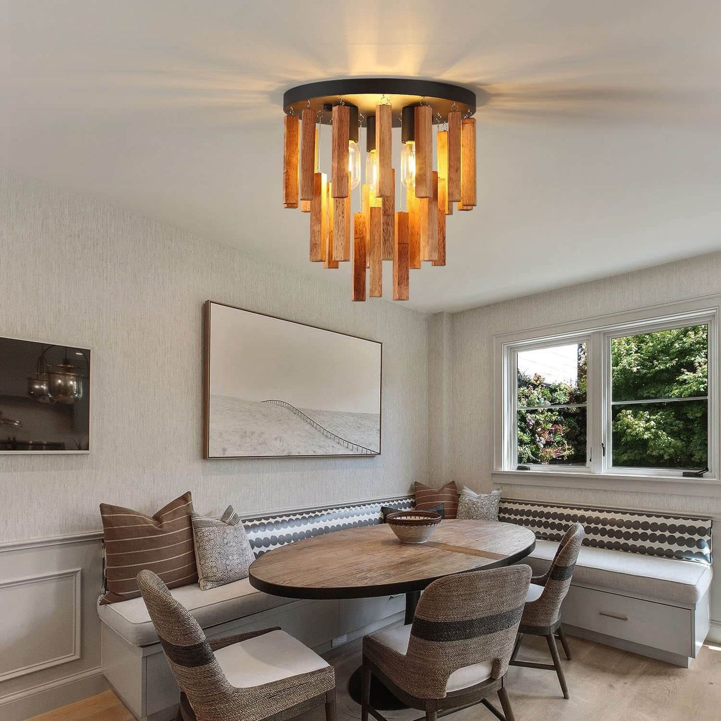 مصباح سقف صناعي نورديك دائري طويل من جذوع الأشجار مصنوع من الحديد بثلاثة مصابيح مثبتة في السقف