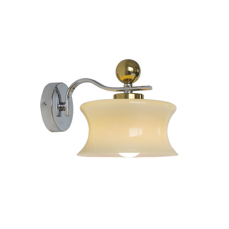 Contemporary Scandinavian Glass Drum Iron Wave Arm 1-Light Wall Sconce Lamp For Bedroom