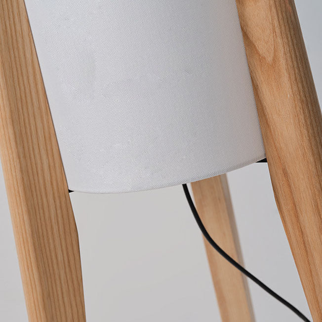 Traditional Chinese Fabric Cylinder Shade Wood Tripod 1-Light Standing Floor Lamp For Study