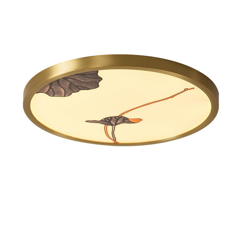 Traditional Chinese Copper Acrylic Round Lotus Bamboo Ginkgo Leaves LED Flush Mount Ceiling Light For Living Room
