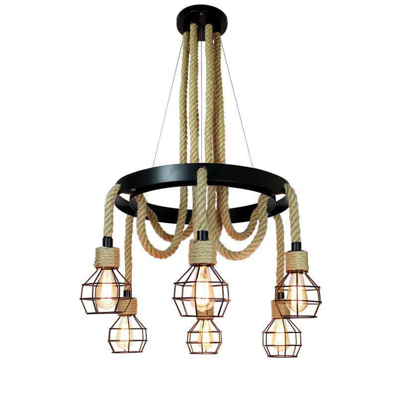 Traditional Rustic Hemp Rope Weaving Iron Cage 6/8-Light Chandelier For Dining Room