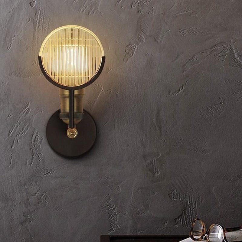 Contemporary Vintage Round Piece Iron Glass 1-Light Wall Sconce Lamp For Bedroom