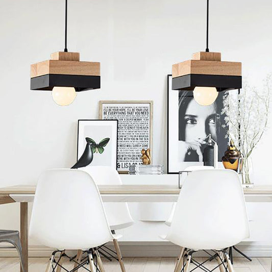 現代的なスカンジナビア風スクエアアイアンウッドペンダントライト(リビングルーム用)1灯