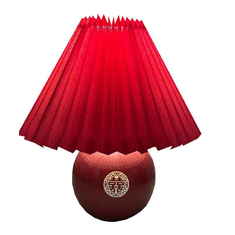Traditional Chinese Red Pleated Fabric Lampshade Ceramic Base 1-Light Table Lamp For Bedroom
