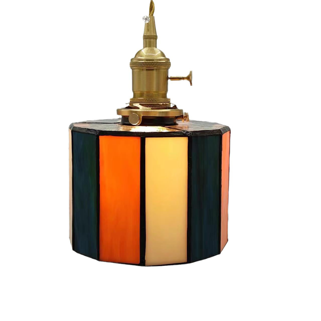 Traditional Vintage Brass Glass Cylinder Quadripartite Horn Lattice 1-Light Pendant Light For Dining Room