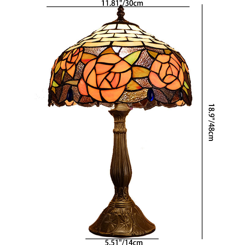 Traditional Tiffany Vintage Rose Stained Glass 1-Light Table Lamp For Study