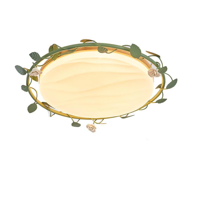 Modern Minimalist Disc Rose Rattan Wood Acrylic LED Flush Mount Ceiling Light