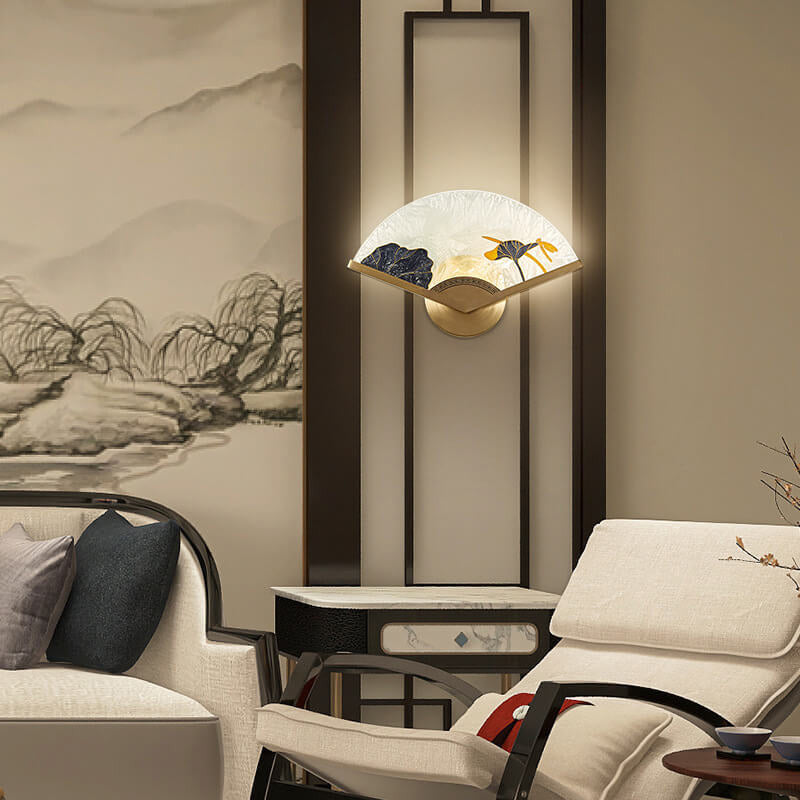 Modern Chinese Glass Folding Fan Shaped Brass LED Wall Sconce Lamp